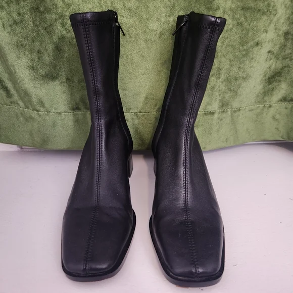 & Other Stories Black Leather Sock Heeled Ankle Boots - Picture 2 of 11